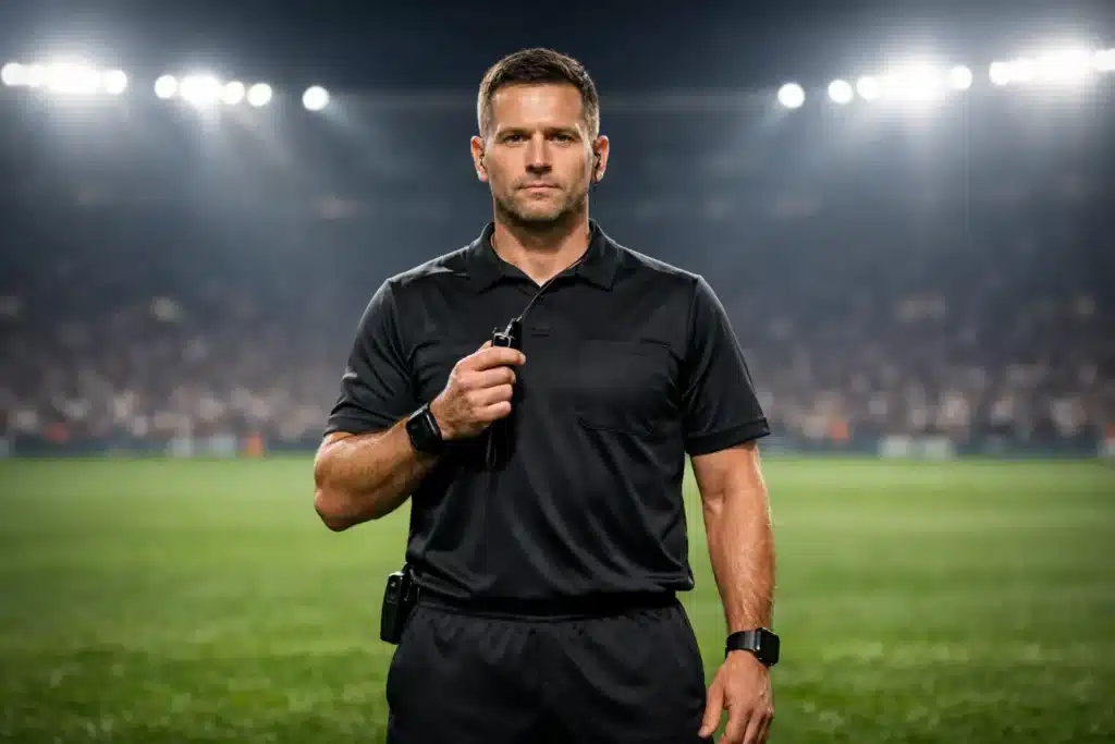 Young football referee holding a whistle before officiating a grassroots match