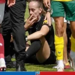 Female referee Mathilde Demoncay knocked down during the Metz and Fortuna Sittard player confrontation