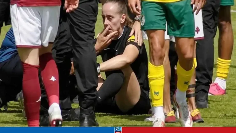Female referee Mathilde Demoncay knocked down during the Metz and Fortuna Sittard player confrontation