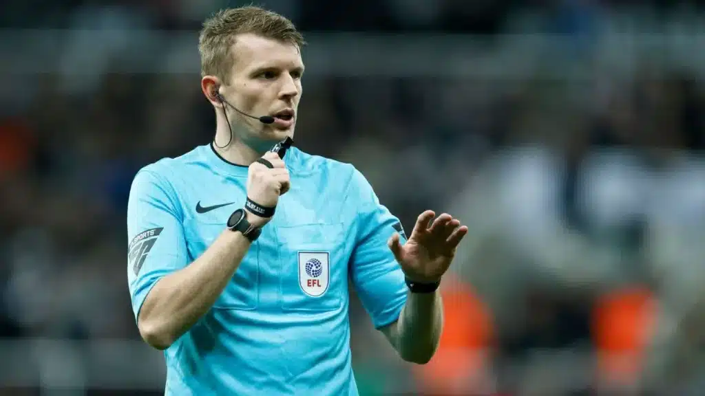 Liverpool vs Nottingham Forest referee Sam Barrott with Michael Oliver on VAR