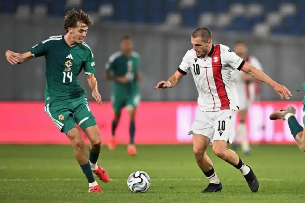 Georgia and Northern Ireland players contest the ball during their Nations League match in Tbilisi
