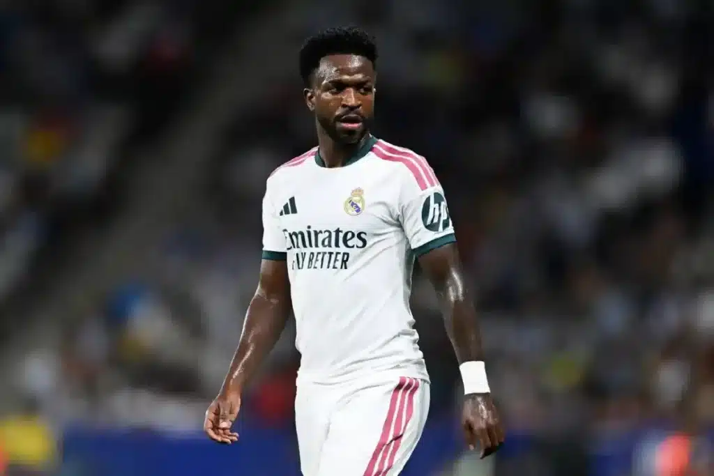 Vinícius Júnior during Real Madrid’s match against Villarreal as VAR reviews the incident