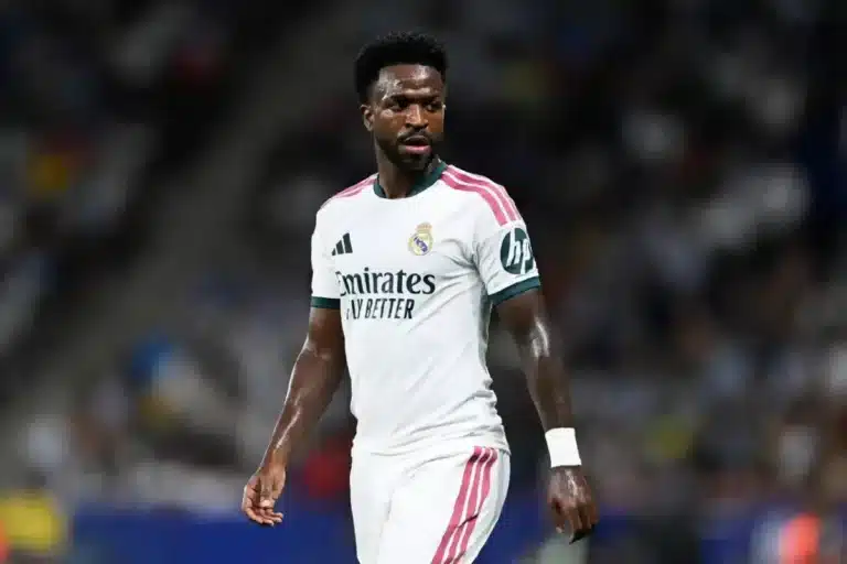 Vinícius Júnior during Real Madrid’s match against Villarreal as VAR reviews the incident
